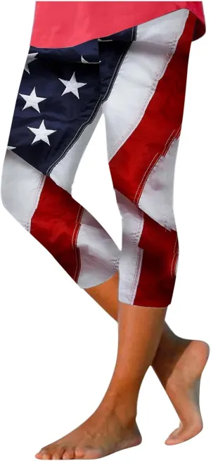 AMDBEL 4th of July Capri Leggings for Women American Flag Leggings Patriotic Stripe Yoga Pants High Waist Stretchy Trousers