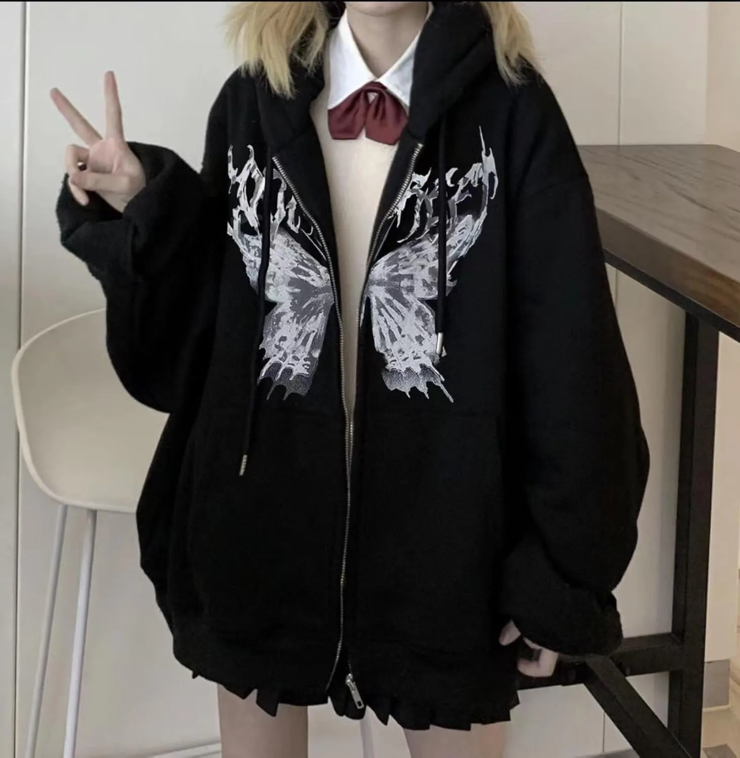 Aobiono Women Men Y2K Zip Up Oversized Hoodie Skeleton Butterfly Gothic Emo Grunge Jacket Alt Graphic Baggy Dark Academia 90s