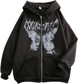 Aobiono Women Men Y2K Zip Up Oversized Hoodie Skeleton Butterfly Gothic Emo Grunge Jacket Alt Graphic Baggy Dark Academia 90s