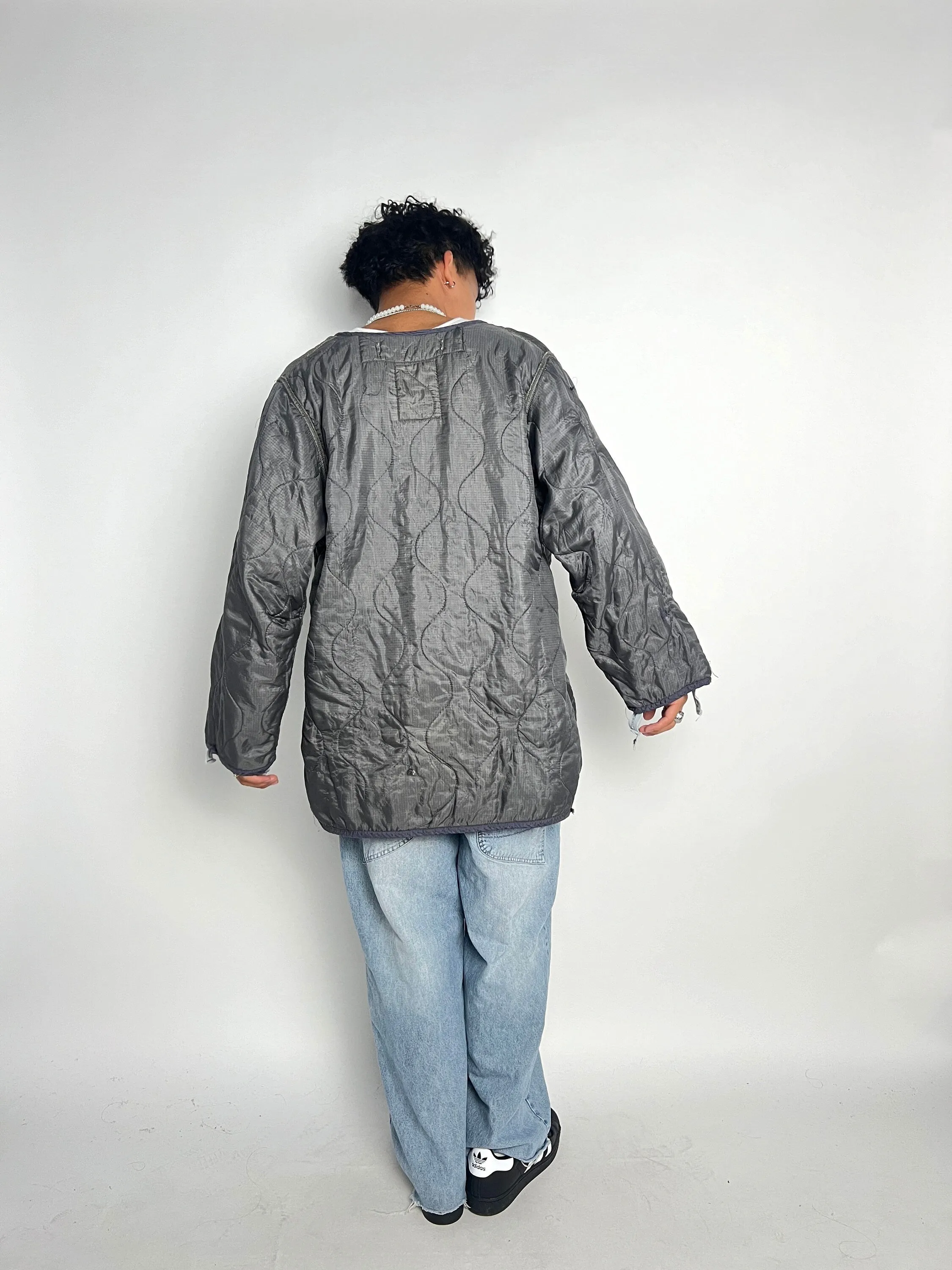 Army Liner Jacket Military Liner Jacket Unisex Wavy Quilted Nylon Coat Oversized Quilted Liner Jacket Gray Quilt Cotton Army Jacket