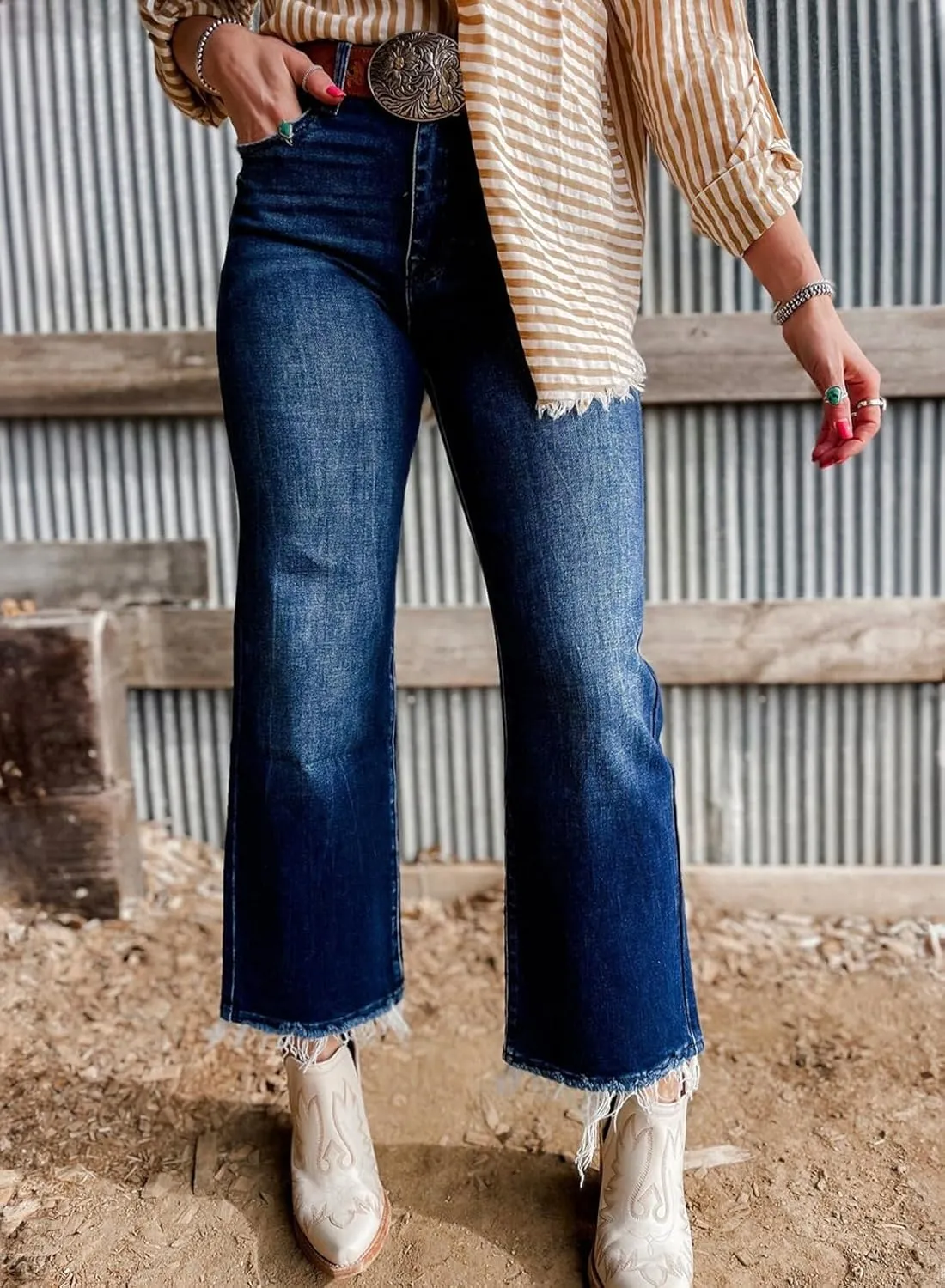 Astylish Womens High Waisted Jeans Stretchy Flared Straight Leg Loose Trendy Raw Hem Denim Pants