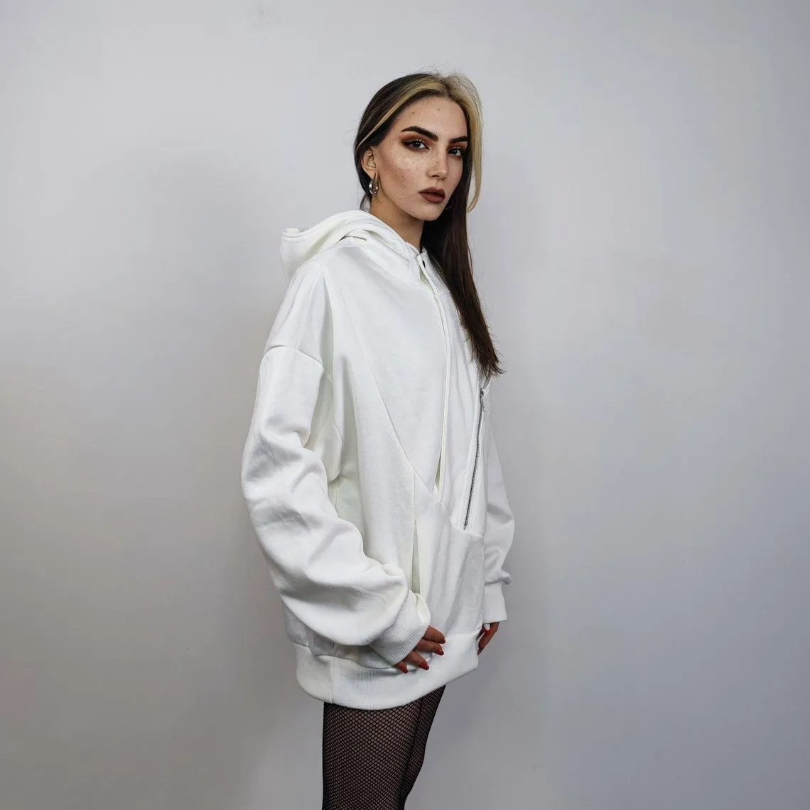 Asymmetric utility hoodie extreme zipper pullover raised neck jumper gorpcore sweatshirt cyberpunk ninja top Japanese Yamamoto sweater white