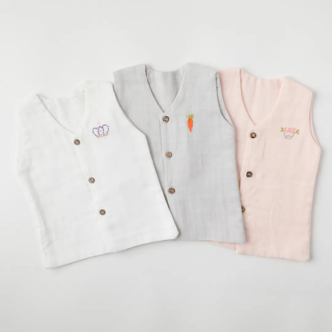 Baby Muslin Vests - Set of 3 (Pink, Grey, White)
