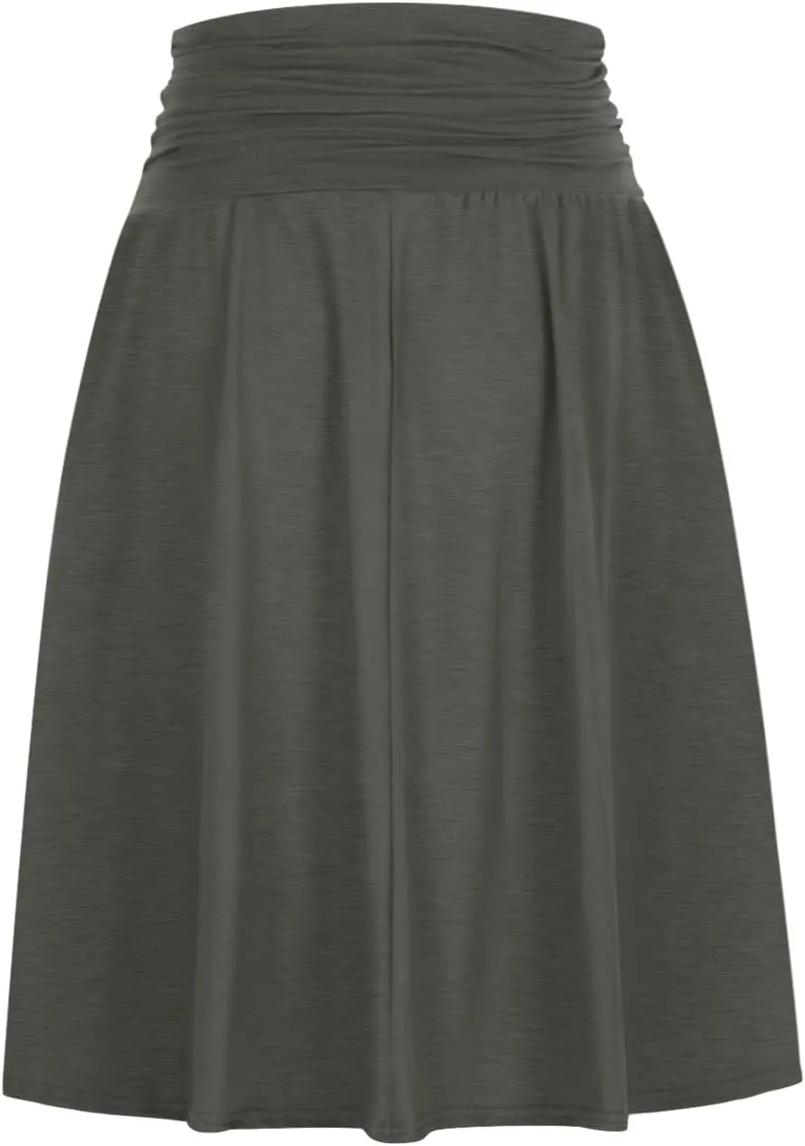 Binmer Women's High Waist Midi Skirt Vintage Elastic A-Line Pleated Below The Knee Length Ruched Flowy Skirts with Pockets