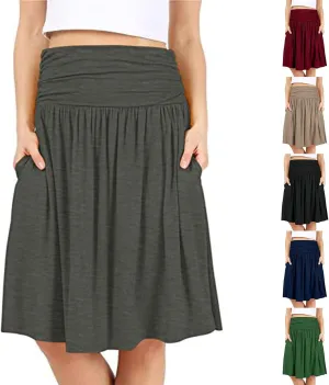 Binmer Women's High Waist Midi Skirt Vintage Elastic A-Line Pleated Below The Knee Length Ruched Flowy Skirts with Pockets