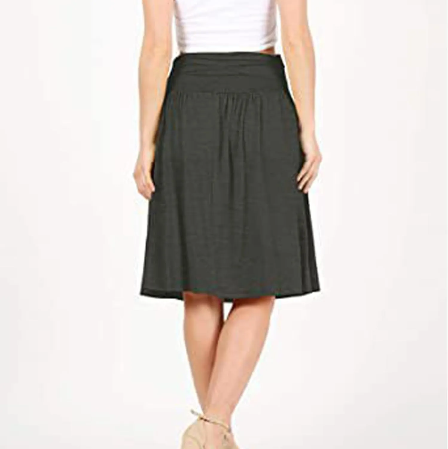Binmer Women's High Waist Midi Skirt Vintage Elastic A-Line Pleated Below The Knee Length Ruched Flowy Skirts with Pockets