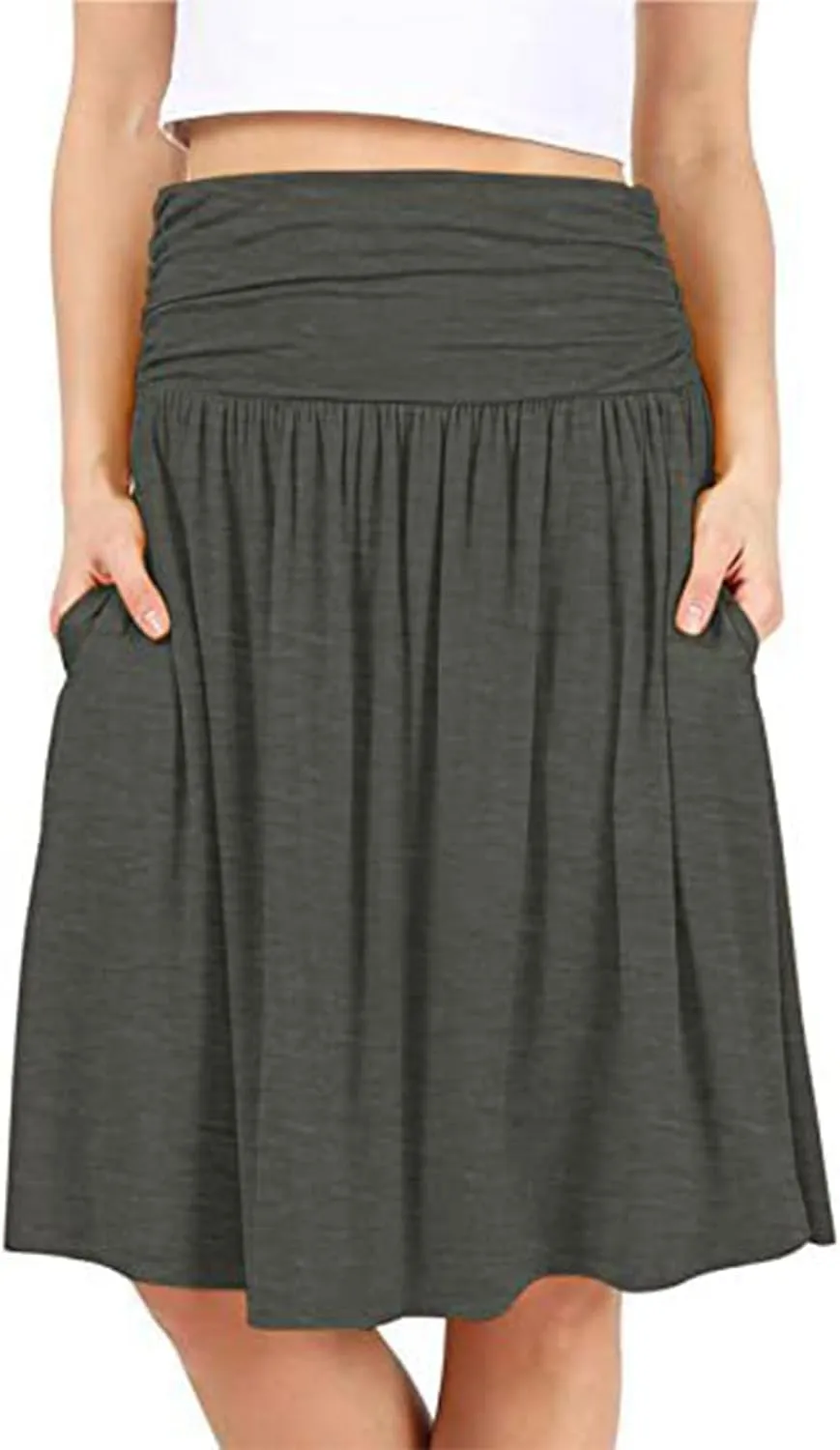 Binmer Women's High Waist Midi Skirt Vintage Elastic A-Line Pleated Below The Knee Length Ruched Flowy Skirts with Pockets
