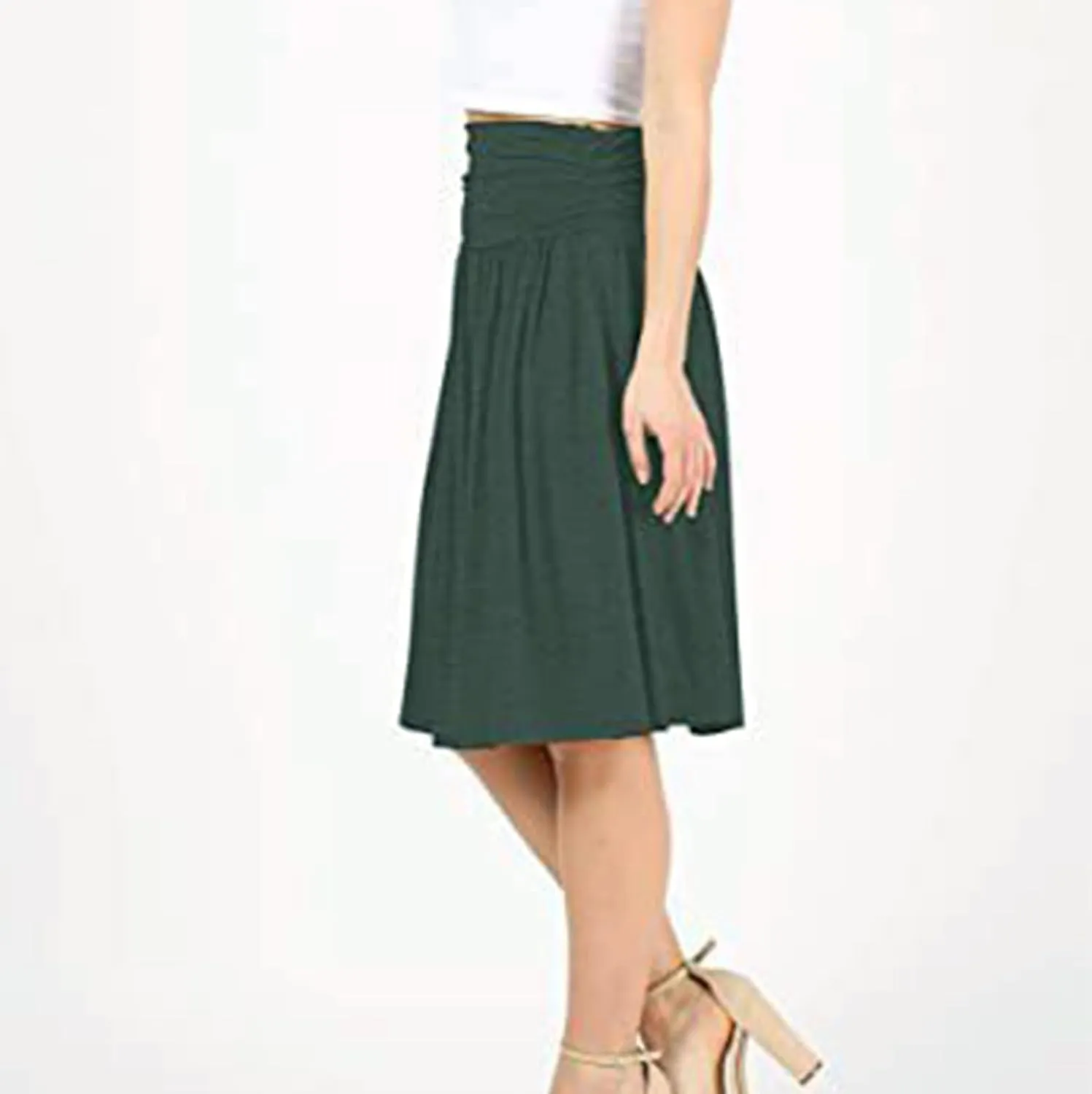 Binmer Women's High Waist Midi Skirt Vintage Elastic A-Line Pleated Below The Knee Length Ruched Flowy Skirts with Pockets