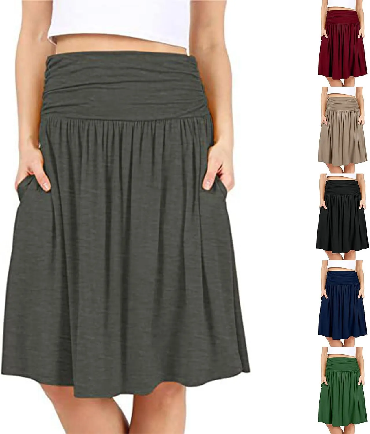 Binmer Women's High Waist Midi Skirt Vintage Elastic A-Line Pleated Below The Knee Length Ruched Flowy Skirts with Pockets