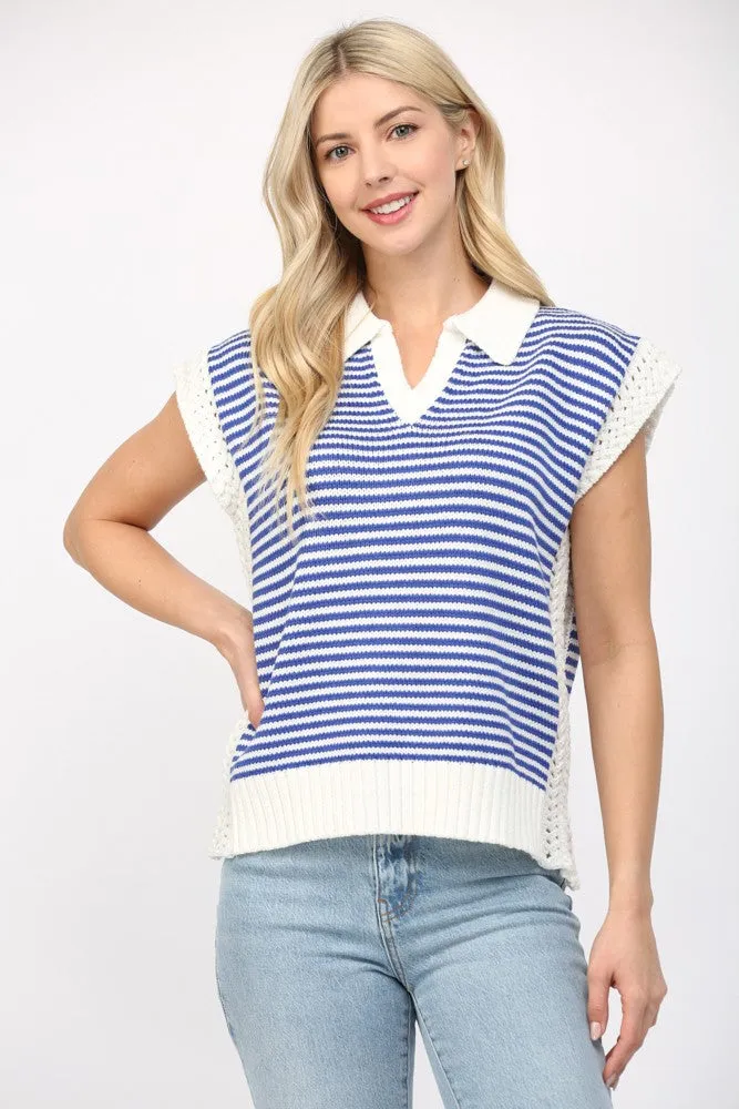 Blue and White Stripped Collar V-Neck Sweater