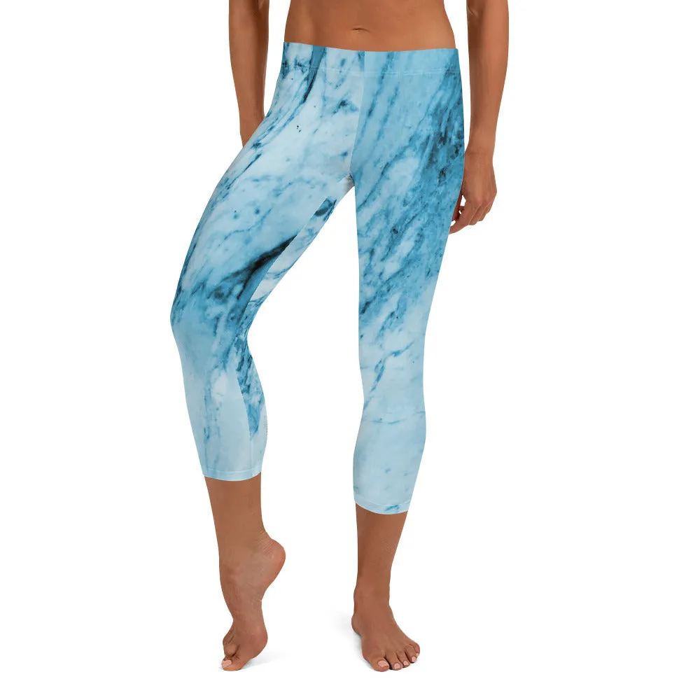 Blue Marble Capri Leggings, Abstract Print Women's Stretchy Capris Tights-Made in USA/EU