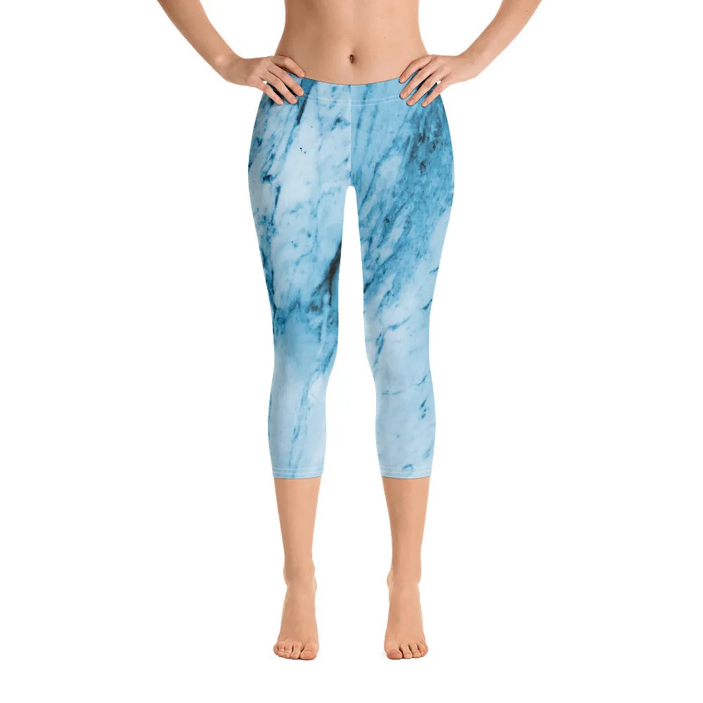 Blue Marble Capri Leggings, Abstract Print Women's Stretchy Capris Tights-Made in USA/EU