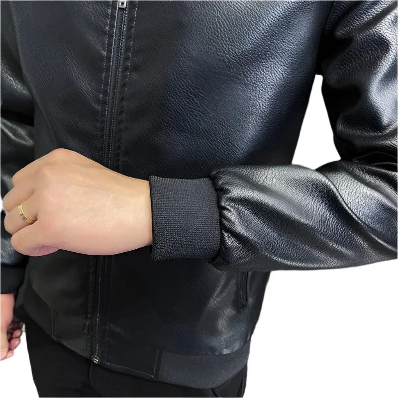Casual Motorcycle Windbreaker Slim Fit Faux Leather Motorcycle Jacket for Men