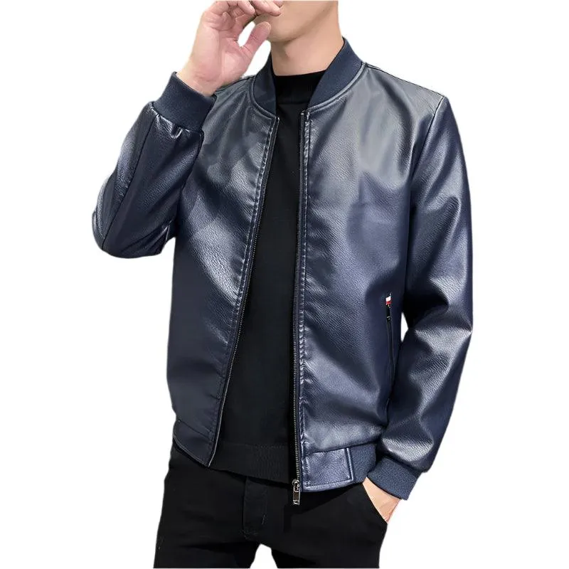 Casual Motorcycle Windbreaker Slim Fit Faux Leather Motorcycle Jacket for Men