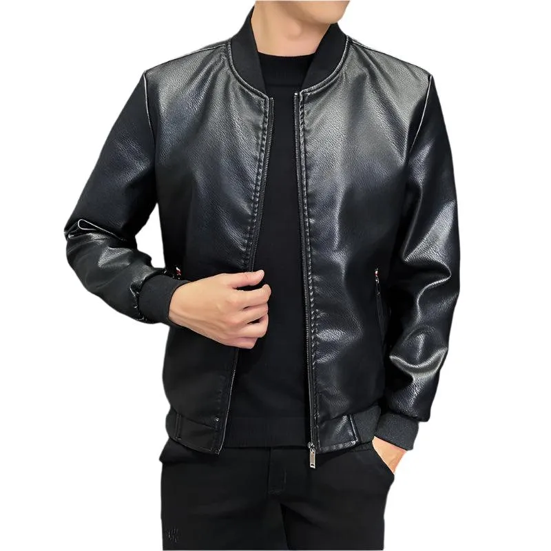 Casual Motorcycle Windbreaker Slim Fit Faux Leather Motorcycle Jacket for Men