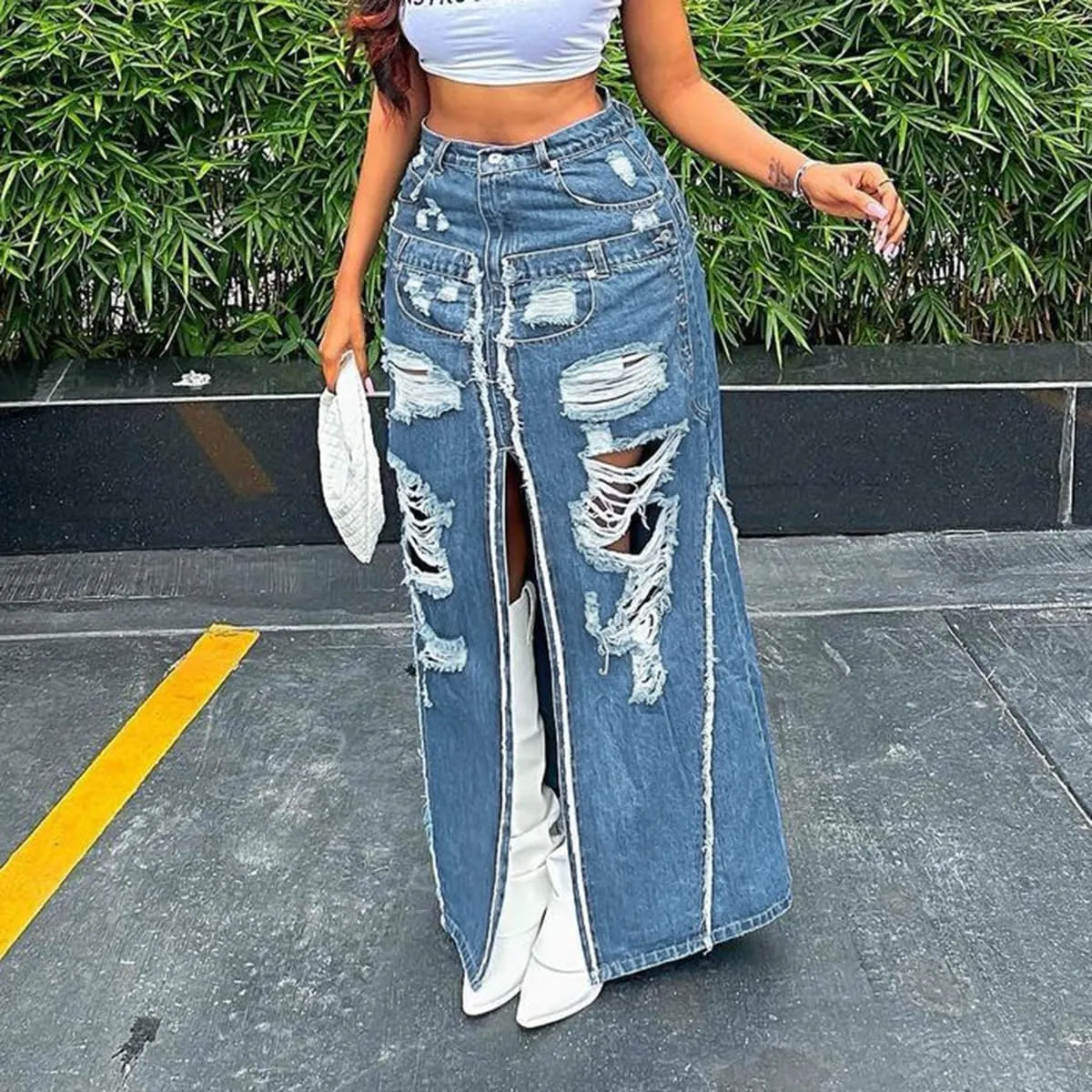 cffvdiz Women's Vintage Distressed Denim Jean Skirt High Waisted Zipper Sexy Split Long Skirt