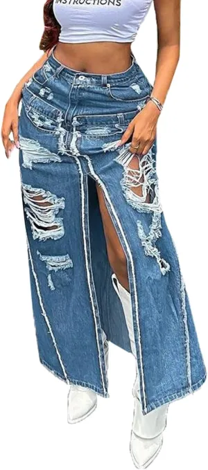 cffvdiz Women's Vintage Distressed Denim Jean Skirt High Waisted Zipper Sexy Split Long Skirt