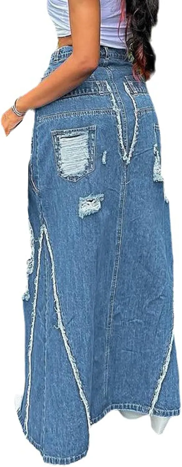 cffvdiz Women's Vintage Distressed Denim Jean Skirt High Waisted Zipper Sexy Split Long Skirt