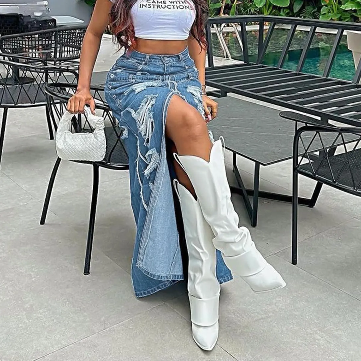 cffvdiz Women's Vintage Distressed Denim Jean Skirt High Waisted Zipper Sexy Split Long Skirt