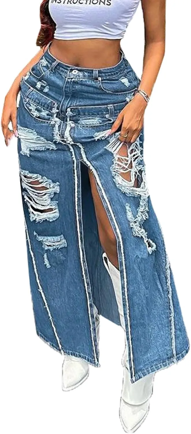 cffvdiz Women's Vintage Distressed Denim Jean Skirt High Waisted Zipper Sexy Split Long Skirt