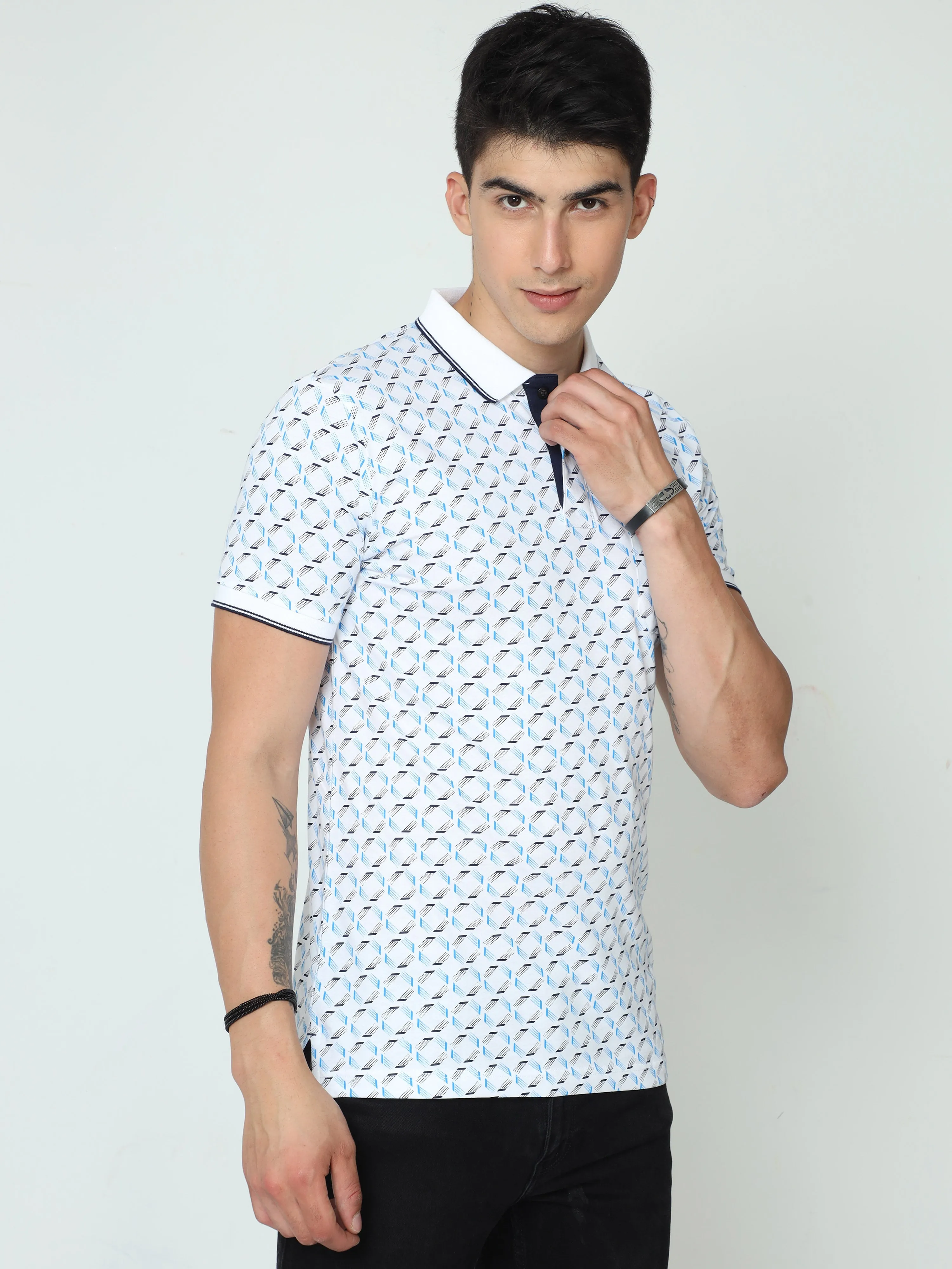 Classic Polo Mens Cotton Half Sleeve Printed Slim Fit Polo Neck White Color T-Shirt | BELLO - 231 A SF P