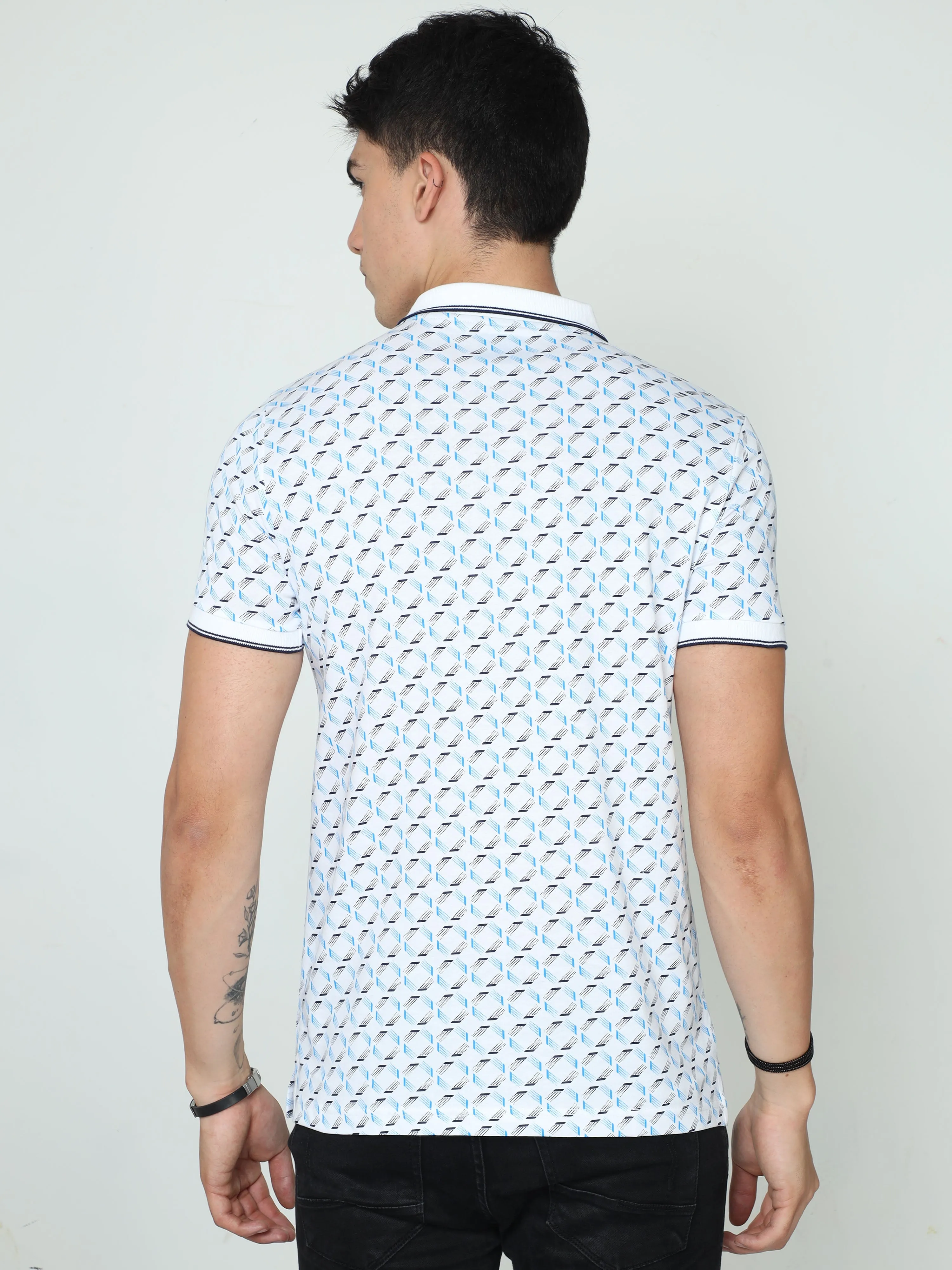 Classic Polo Mens Cotton Half Sleeve Printed Slim Fit Polo Neck White Color T-Shirt | BELLO - 231 A SF P