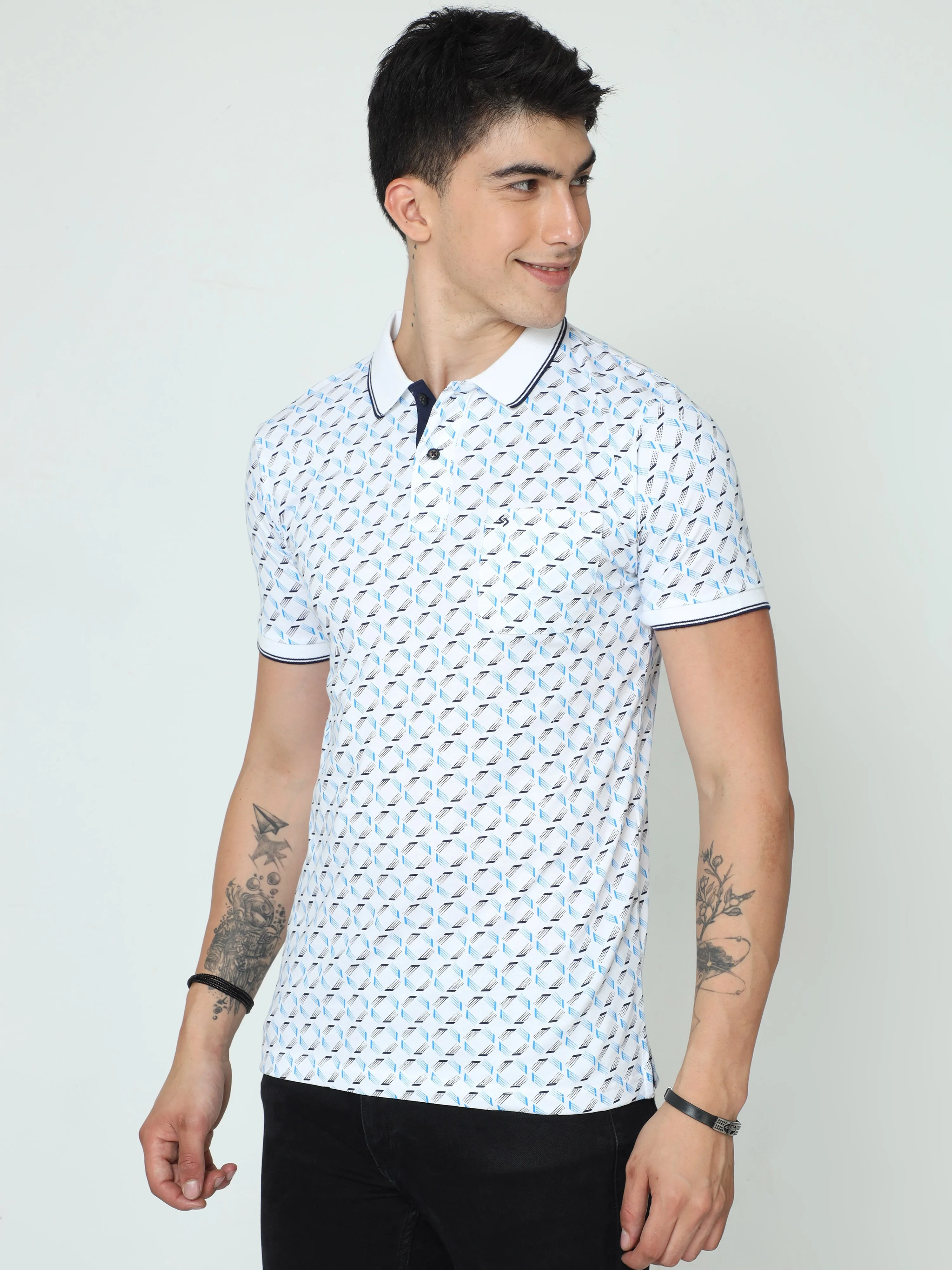 Classic Polo Mens Cotton Half Sleeve Printed Slim Fit Polo Neck White Color T-Shirt | BELLO - 231 A SF P