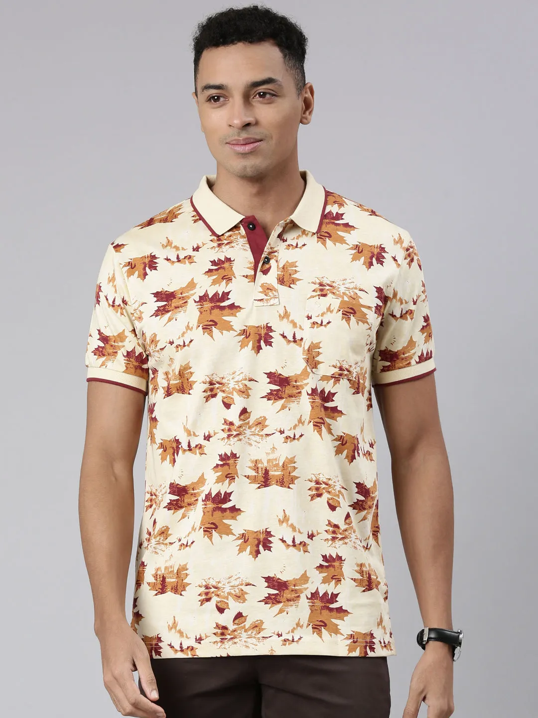 Classic Polo Men's Half Sleeve Beige Polo Neck Cotton Blend Slim Fit T-Shirt | BELLO - 308 B SF P
