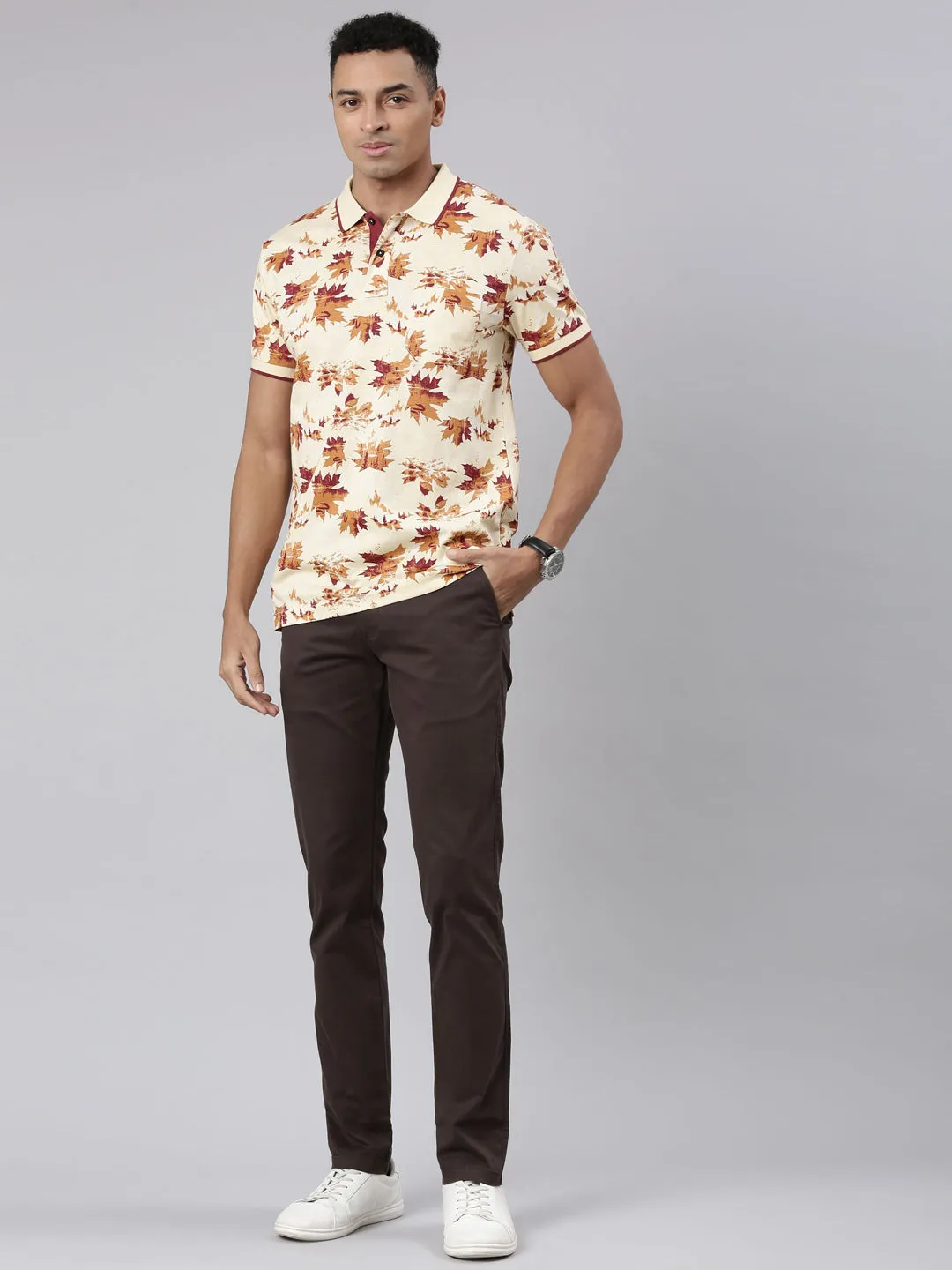 Classic Polo Men's Half Sleeve Beige Polo Neck Cotton Blend Slim Fit T-Shirt | BELLO - 308 B SF P