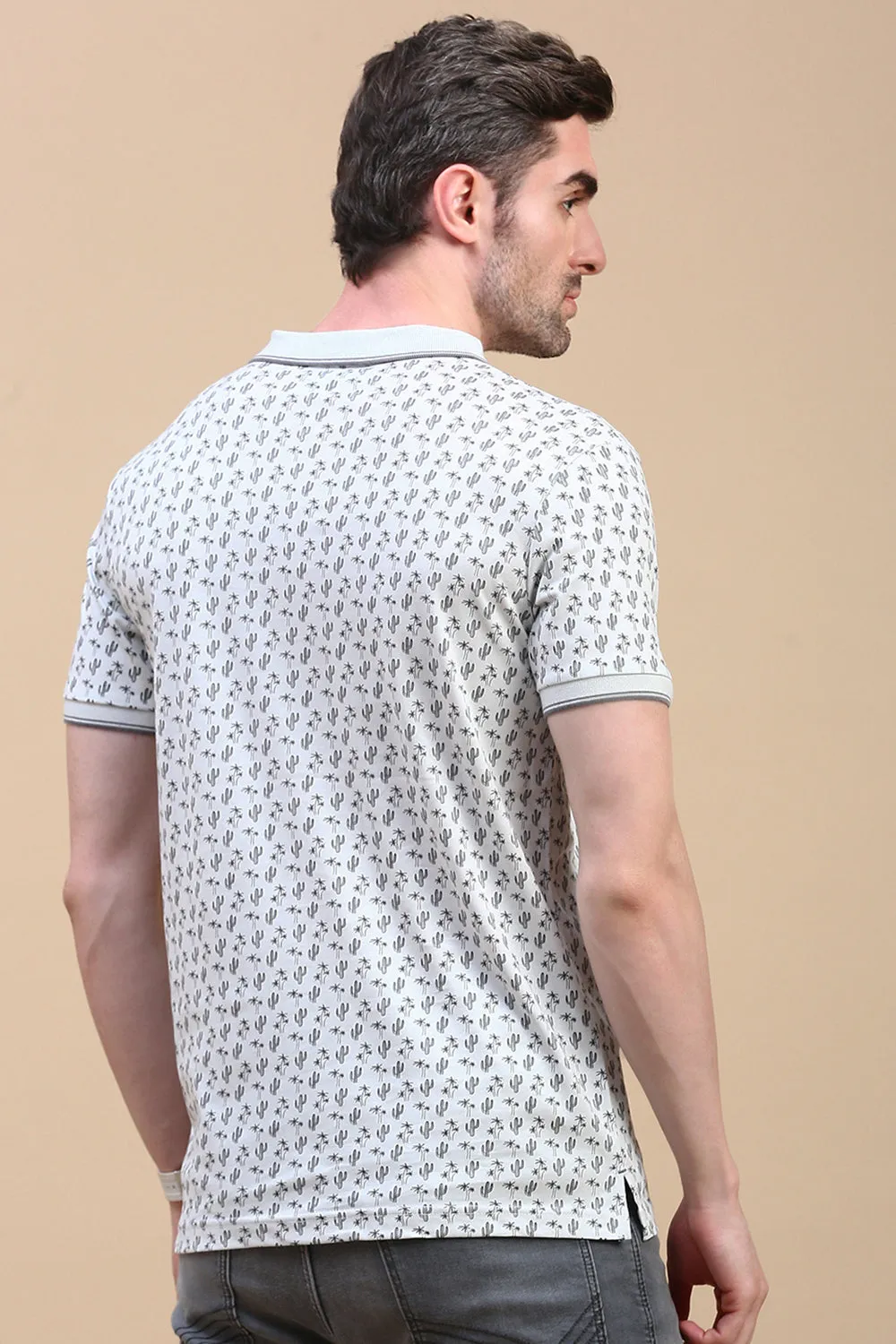 Classic Polo Men's Half Sleeve Off White/Black Polo Neck Slim Fit All-Over Print T-Shirt