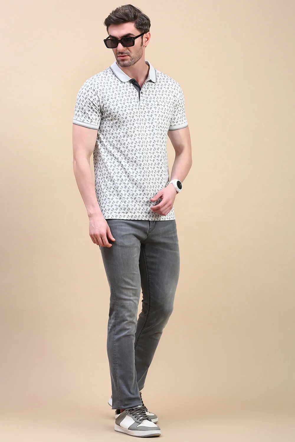 Classic Polo Men's Half Sleeve Off White/Black Polo Neck Slim Fit All-Over Print T-Shirt