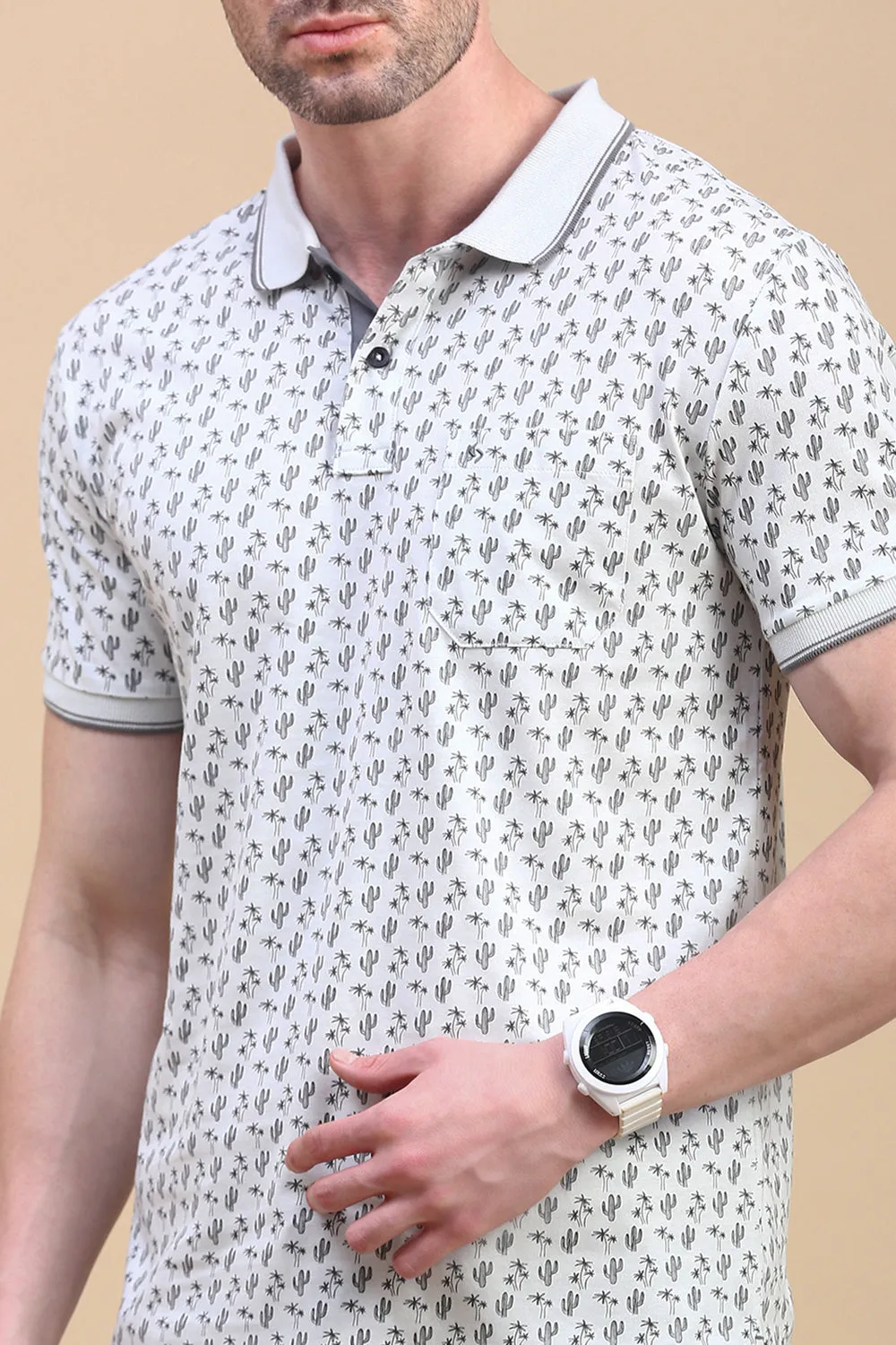 Classic Polo Men's Half Sleeve Off White/Black Polo Neck Slim Fit All-Over Print T-Shirt