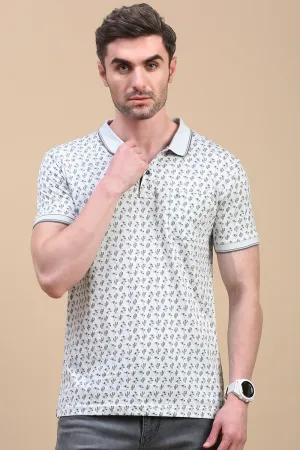 Classic Polo Men's Half Sleeve Off White/Black Polo Neck Slim Fit All-Over Print T-Shirt