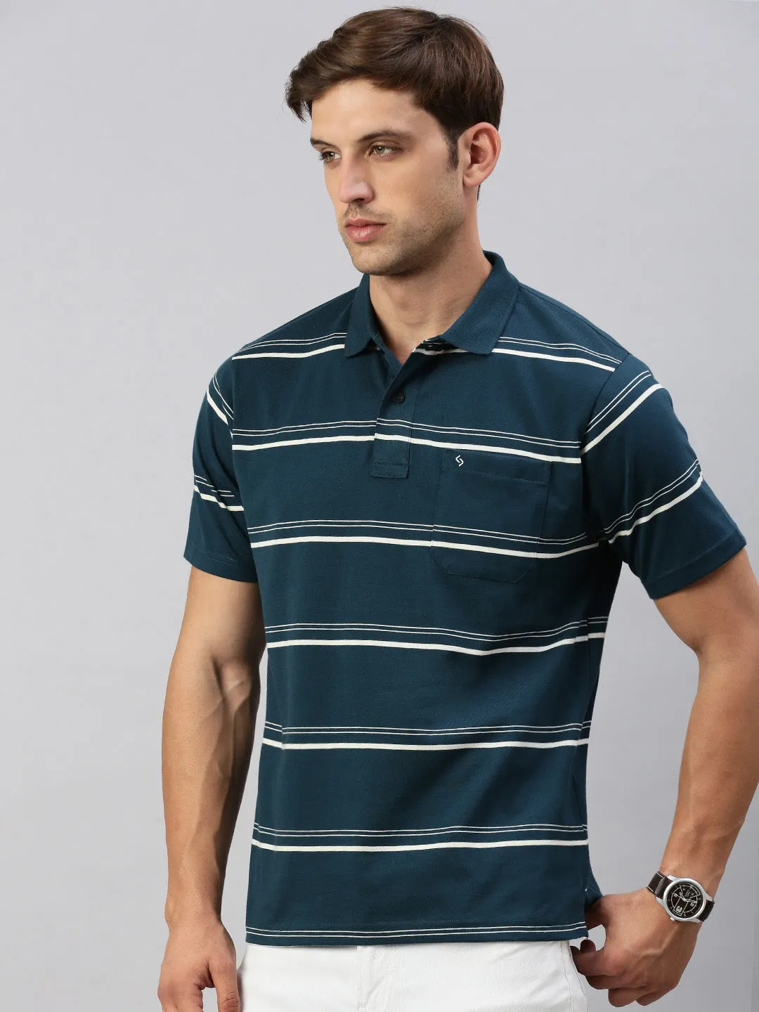 Classic Polo Men's Half Sleeve Teal/White Polo Neck Cotton Authentic Fit T Shirt | AVON - 579 B AF P