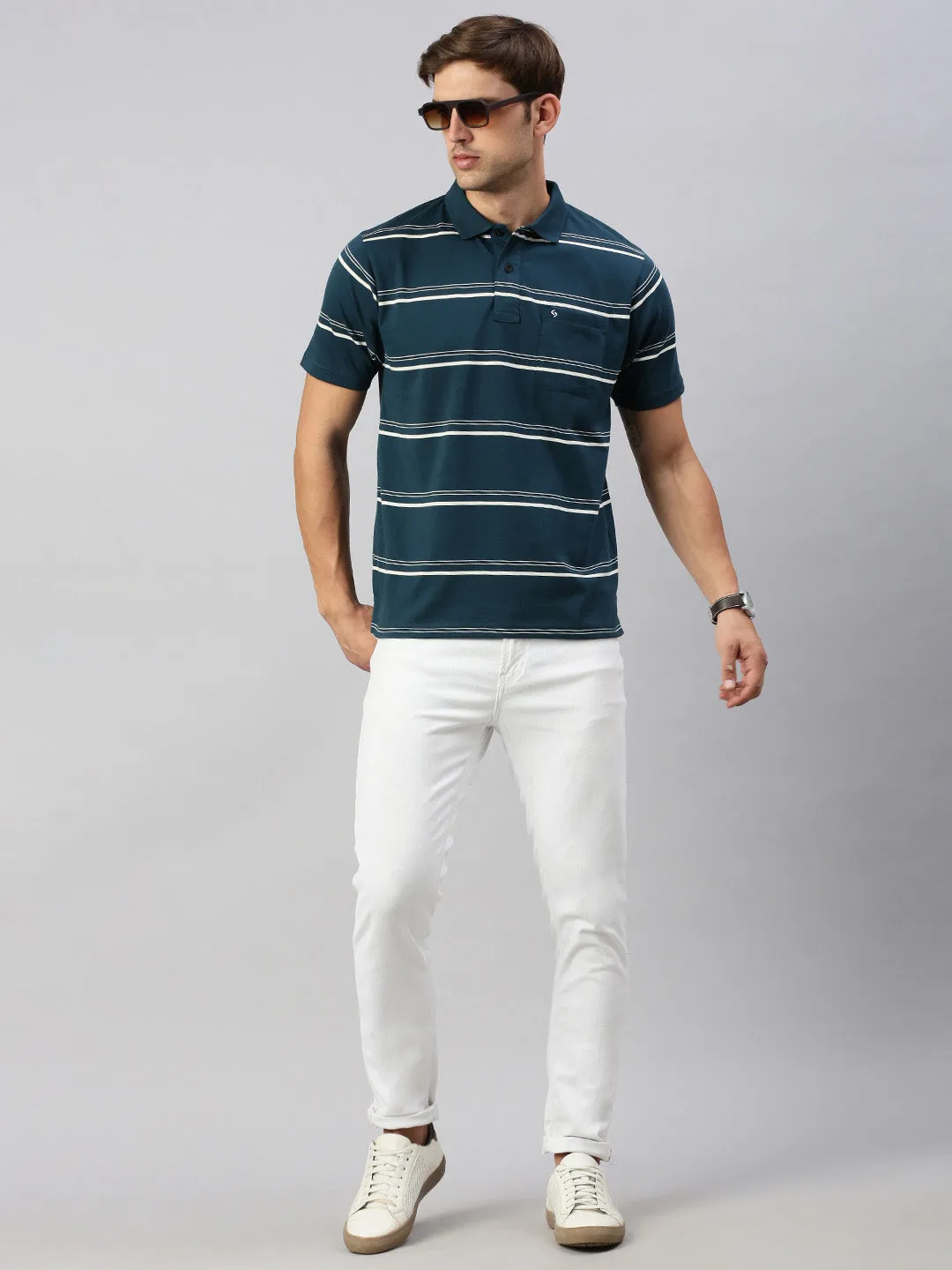 Classic Polo Men's Half Sleeve Teal/White Polo Neck Cotton Authentic Fit T Shirt | AVON - 579 B AF P