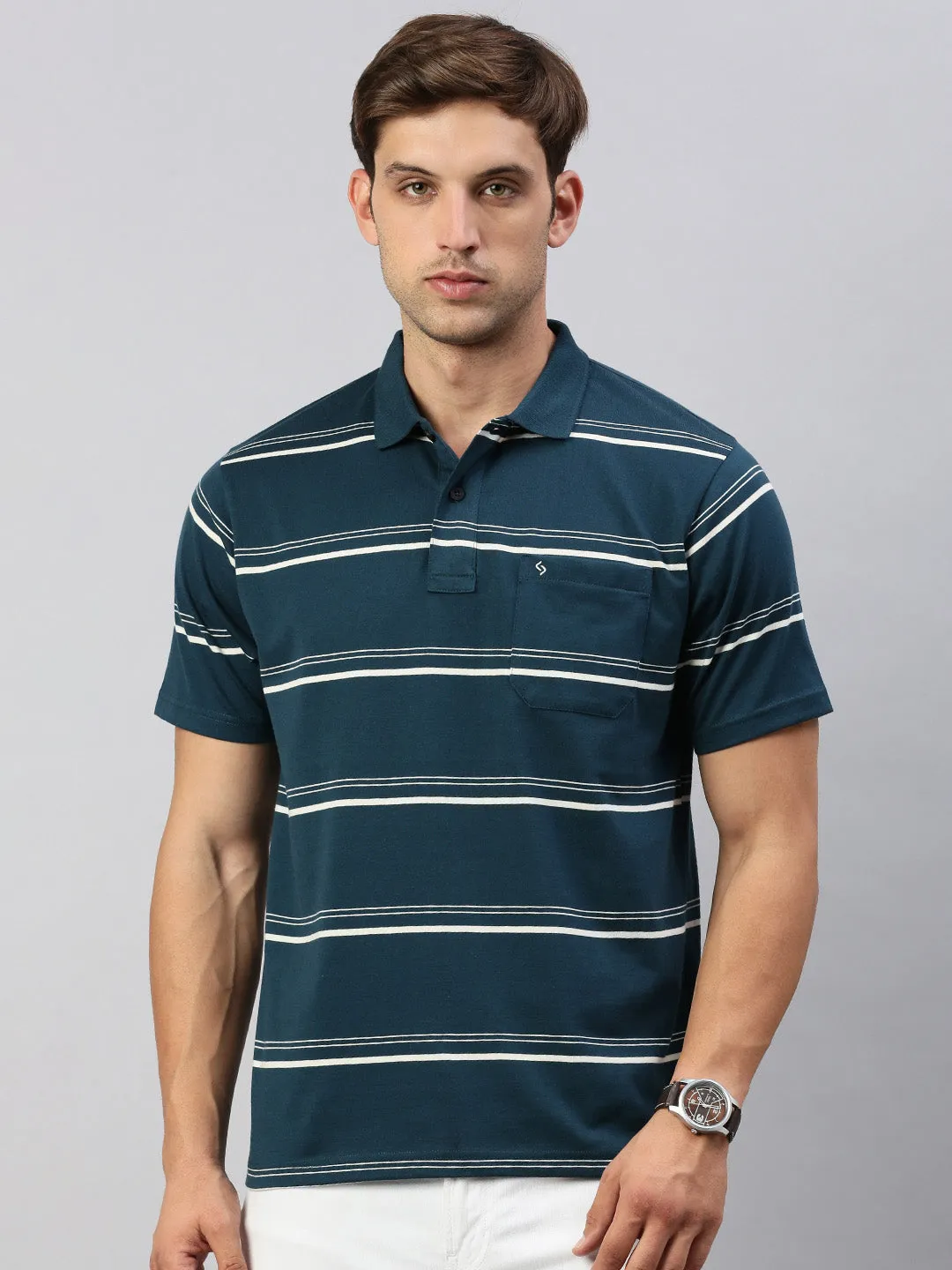 Classic Polo Men's Half Sleeve Teal/White Polo Neck Cotton Authentic Fit T Shirt | AVON - 579 B AF P