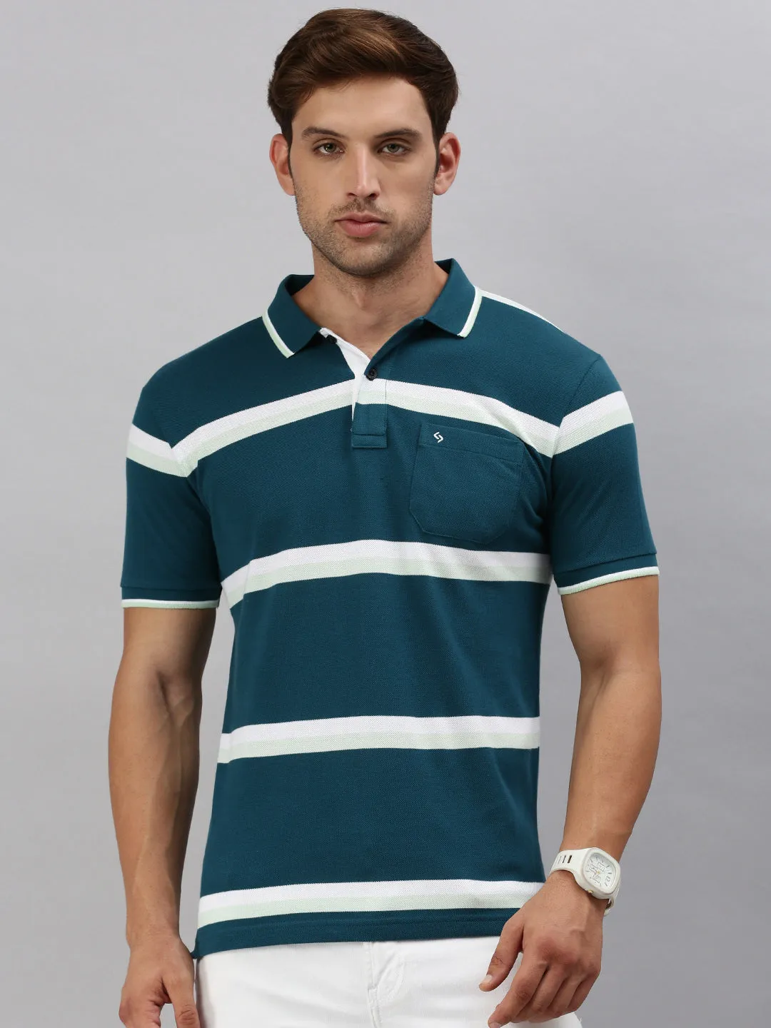 Classic Polo Men's Half Sleeve Teal/White Polo Neck Slim Fit Striped T-Shirt | ADORE - 225 B SF P