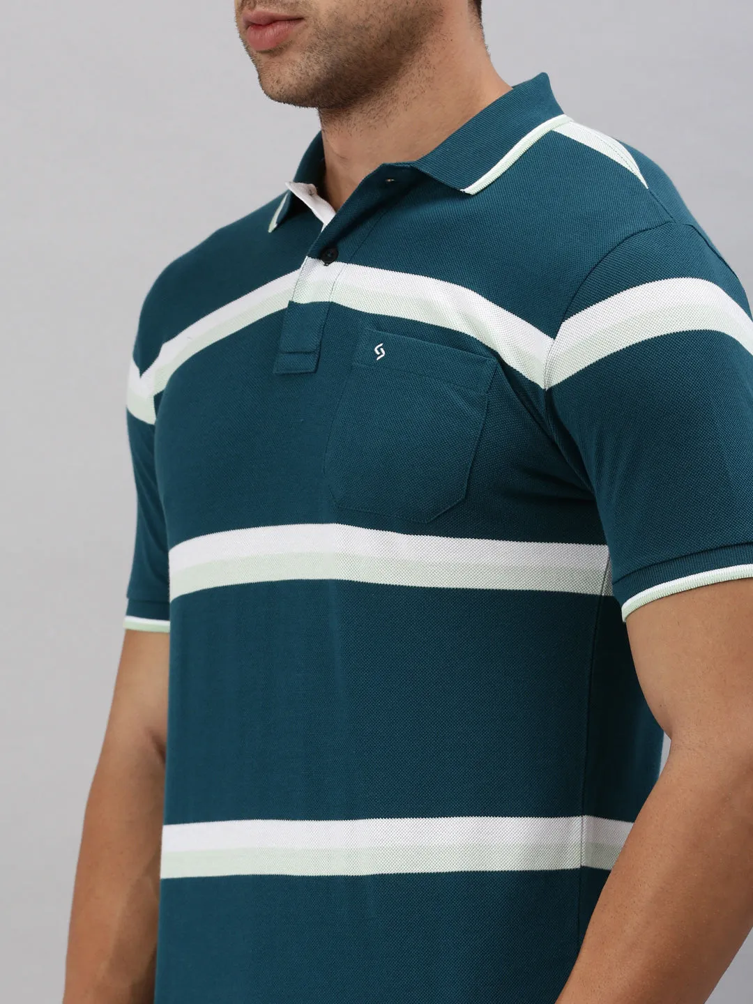 Classic Polo Men's Half Sleeve Teal/White Polo Neck Slim Fit Striped T-Shirt | ADORE - 225 B SF P