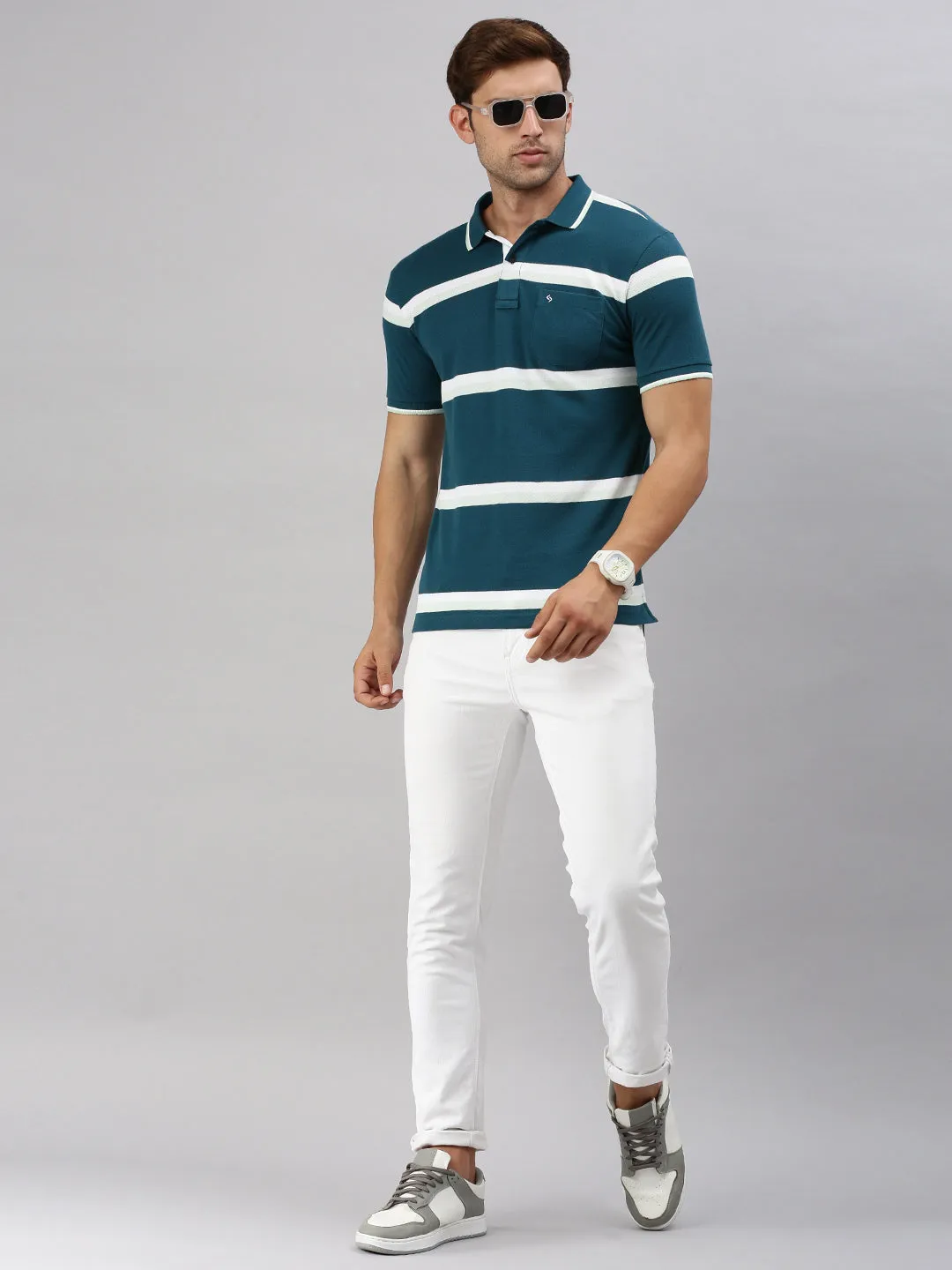 Classic Polo Men's Half Sleeve Teal/White Polo Neck Slim Fit Striped T-Shirt | ADORE - 225 B SF P