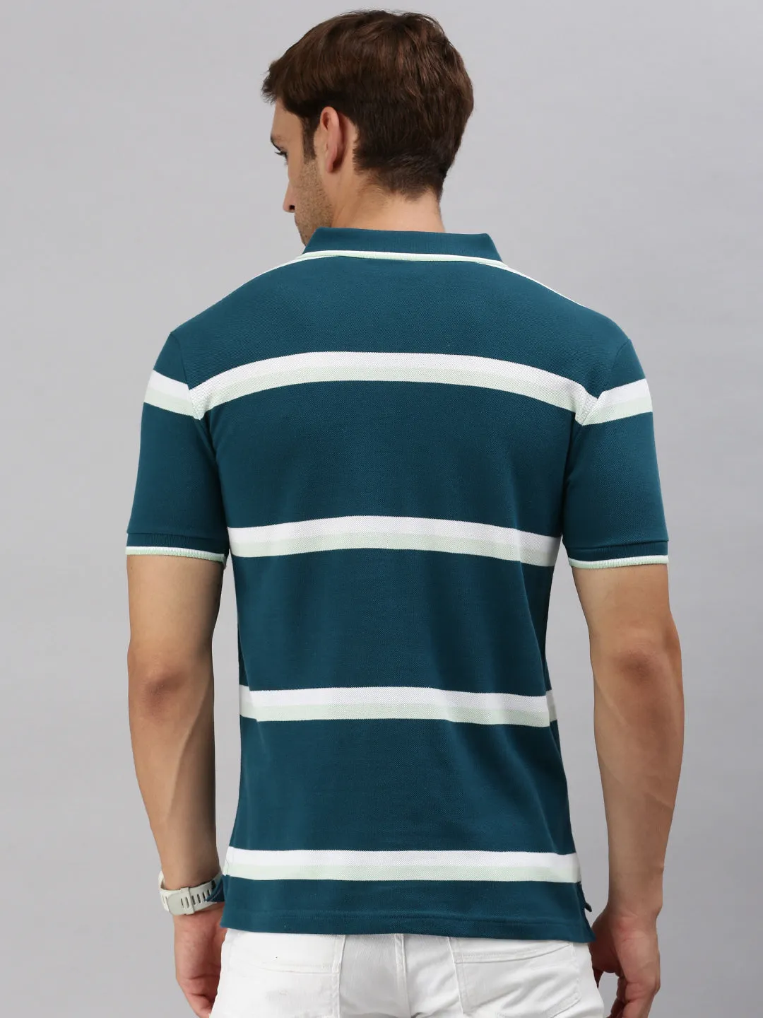 Classic Polo Men's Half Sleeve Teal/White Polo Neck Slim Fit Striped T-Shirt | ADORE - 225 B SF P