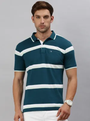 Classic Polo Men's Half Sleeve Teal/White Polo Neck Slim Fit Striped T-Shirt | ADORE - 225 B SF P