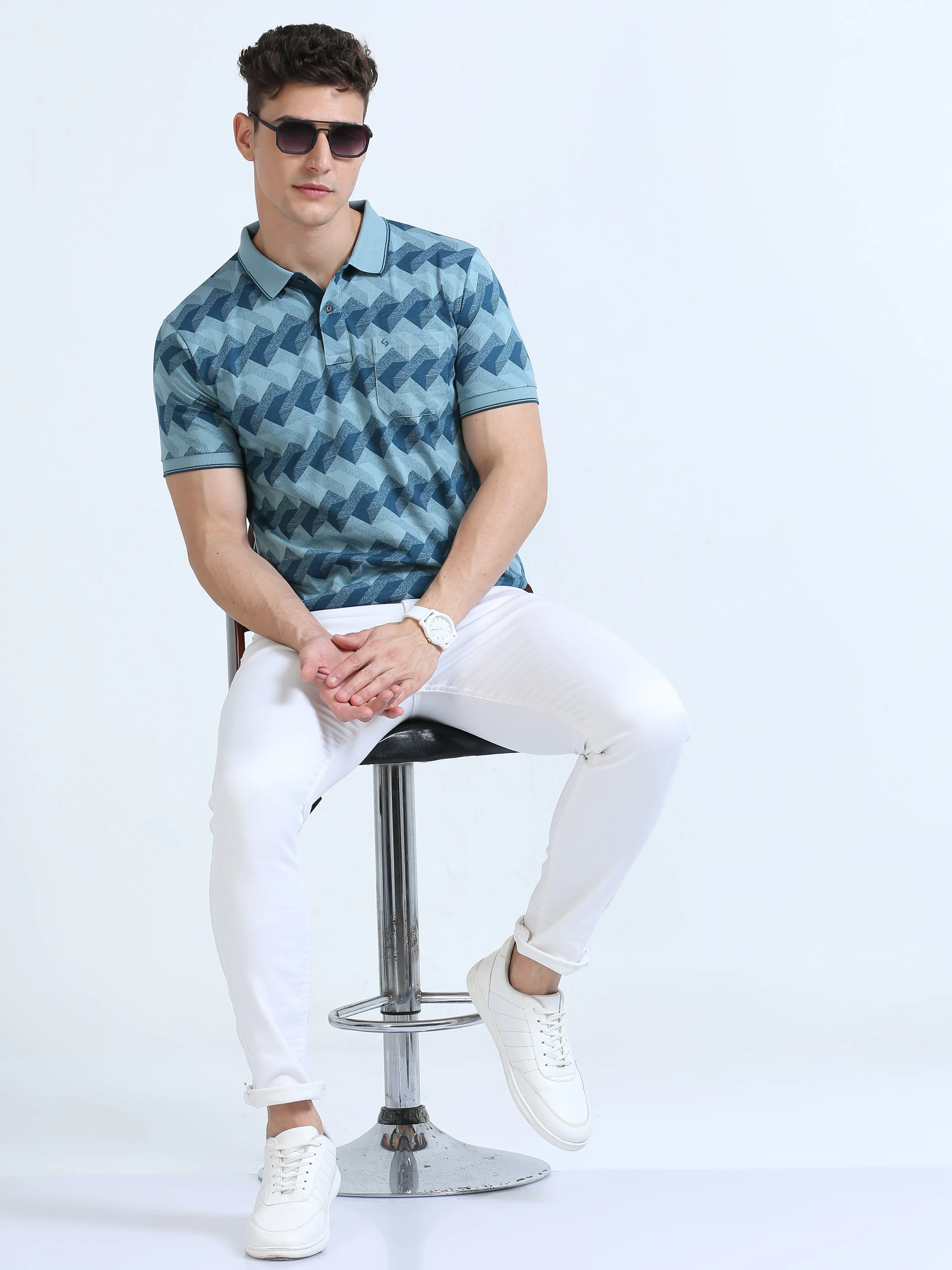 Classic Polo Men's Polo Neck Cotton Blue Slim Fit Printed T-Shirt | BELLO-234 A SF P