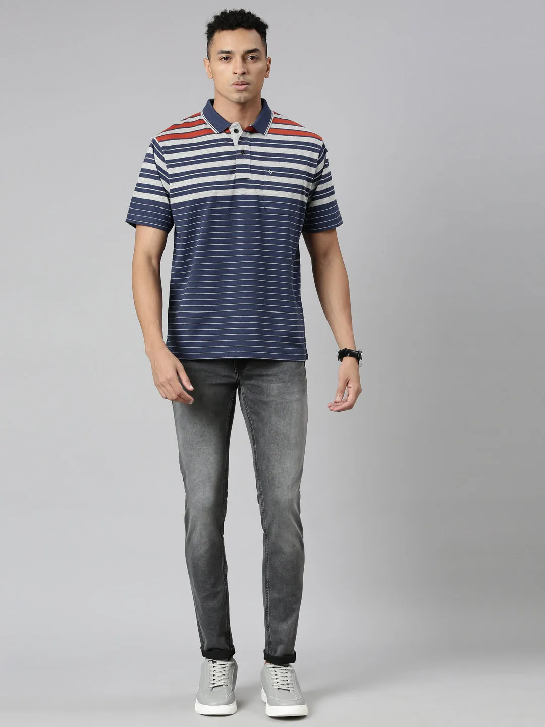 Classic Polo Men's Polo Neck Cotton Navy/Grey Authentic Fit Striped T-Shirt | MEL-251 B AF P