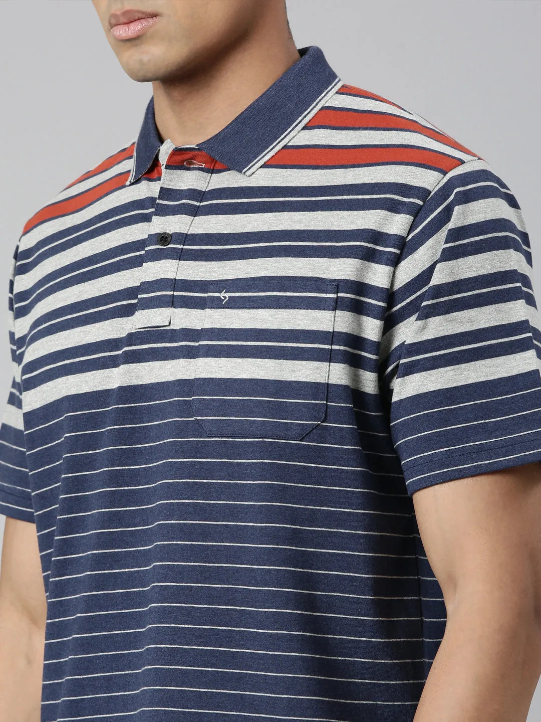 Classic Polo Men's Polo Neck Cotton Navy/Grey Authentic Fit Striped T-Shirt | MEL-251 B AF P