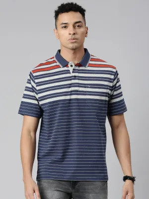 Classic Polo Men's Polo Neck Cotton Navy/Grey Authentic Fit Striped T-Shirt | MEL-251 B AF P