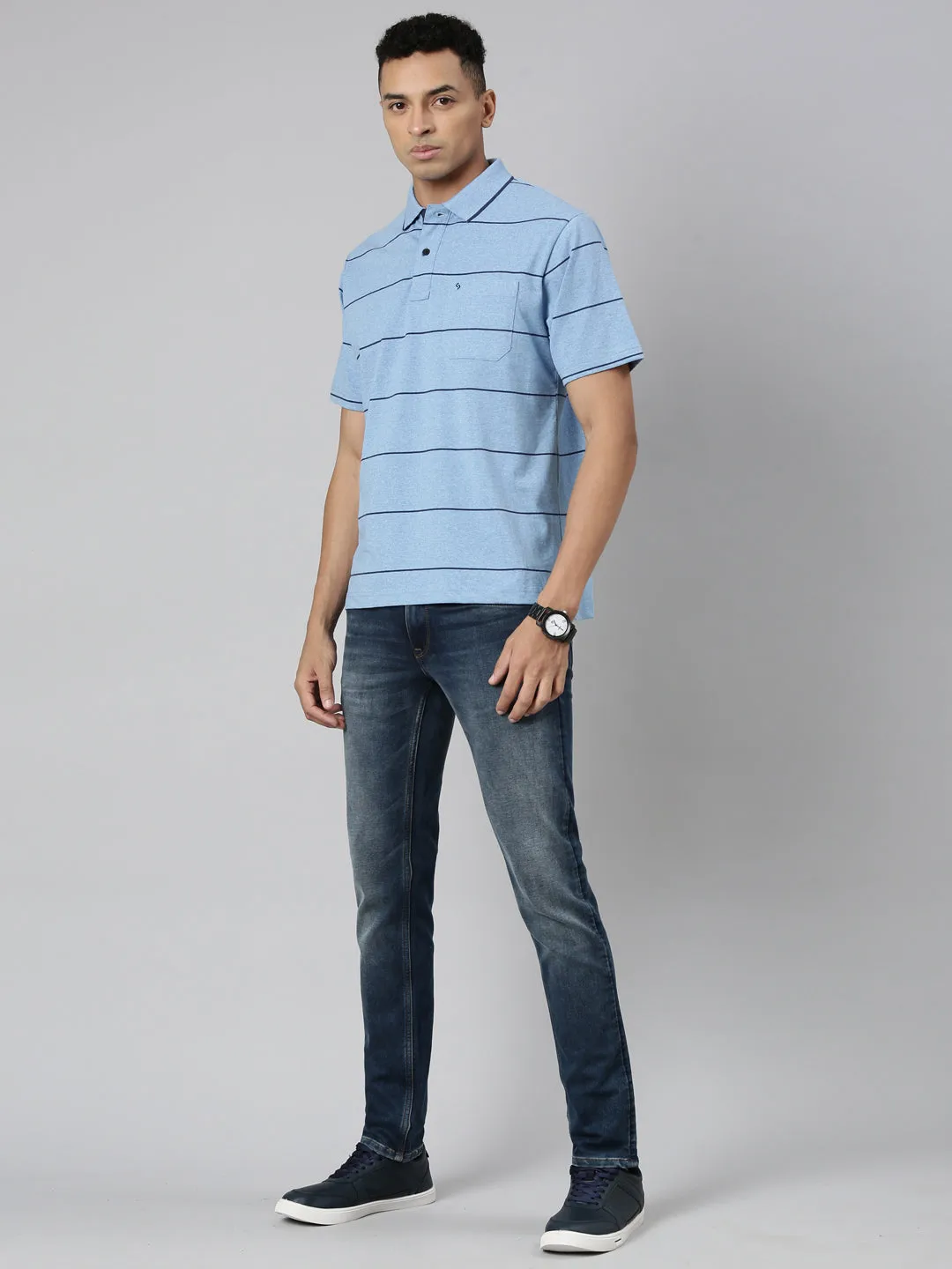 Classic Polo Men's Polo Neck Cotton Navy/Grey Authentic Fit Striped T-Shirt | MEL-255 A AF P