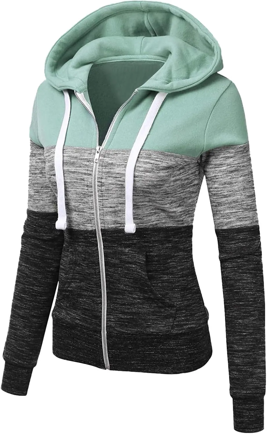 Color Block Zip Up Hoodies for Women Lightweight Thin Hooded Sweatshirt Long Sleeve Top with Pockets