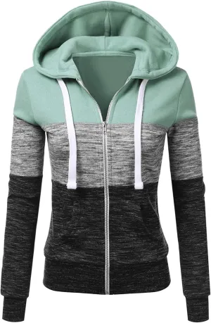 Color Block Zip Up Hoodies for Women Lightweight Thin Hooded Sweatshirt Long Sleeve Top with Pockets