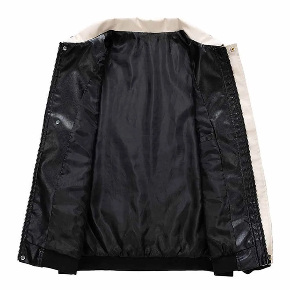 Colorblock Cropped Lapel Biker Leather Jacket Coat