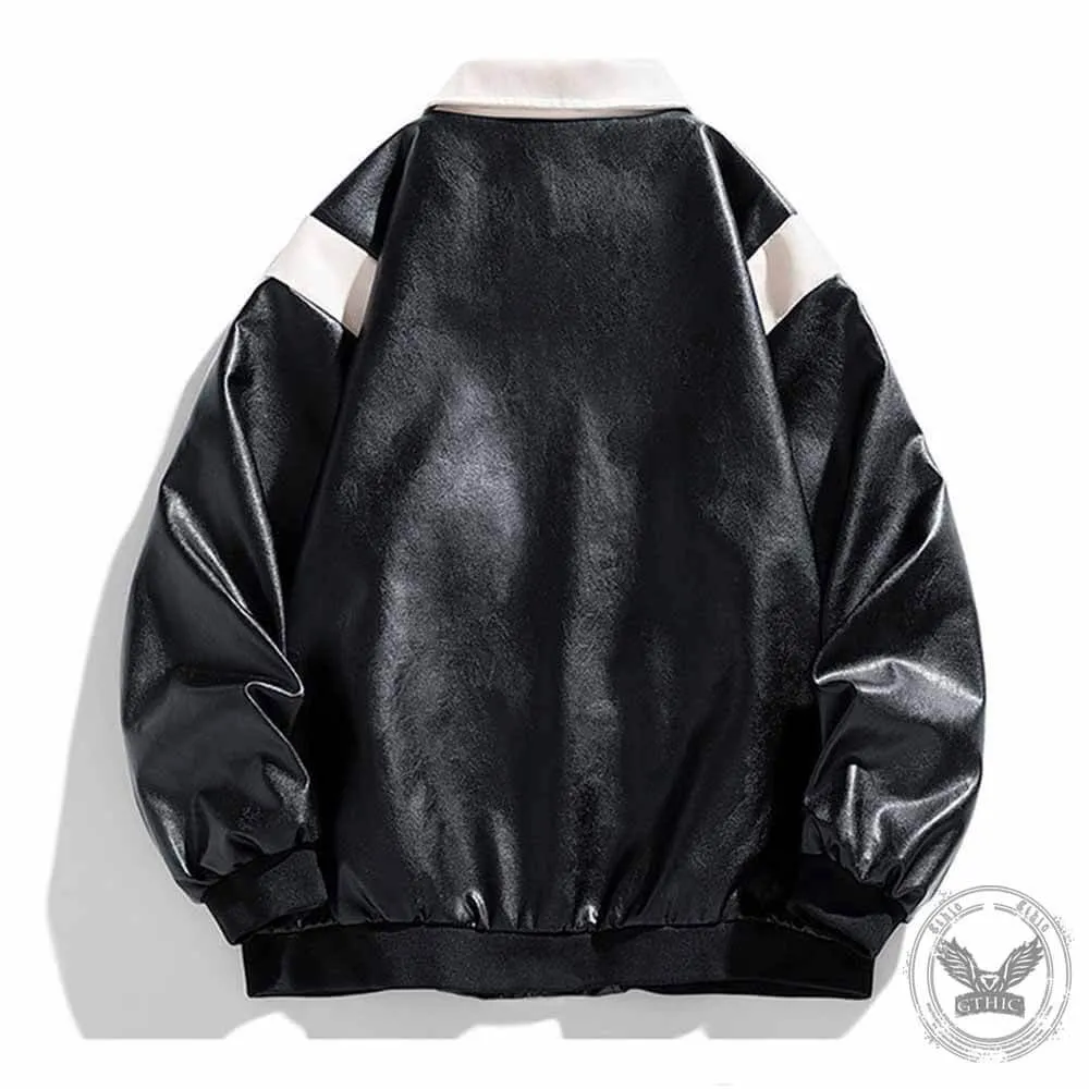 Colorblock Cropped Lapel Biker Leather Jacket Coat